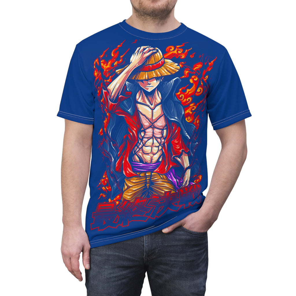 Anime-Flaming Straw Hat Pirate Tee — Anime Luffy Graphic T-Shirt