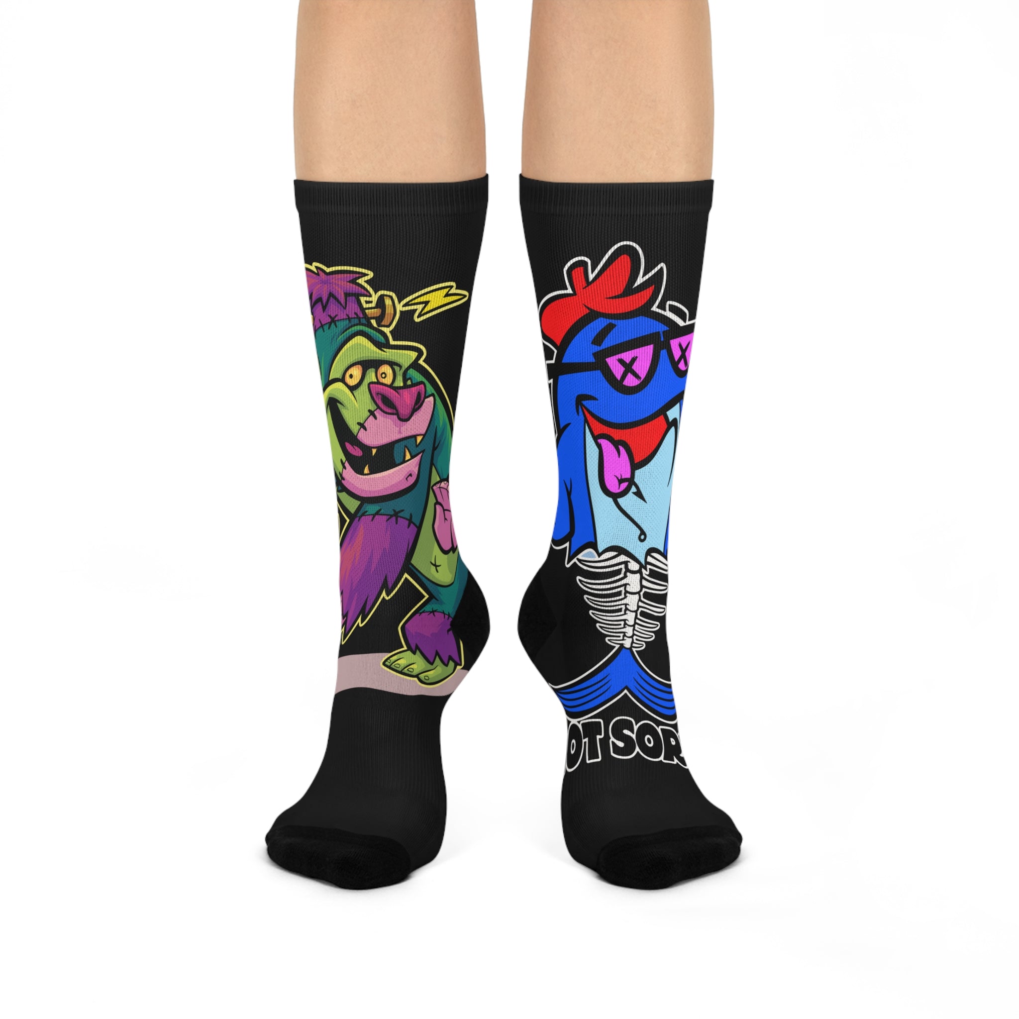 Colorful Cartoon Monster Crew Socks — 'Not Sorry' Graphic Cushioned Socks