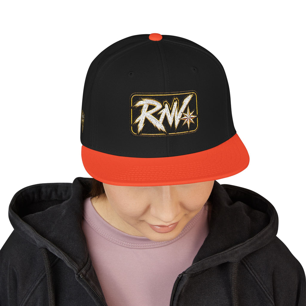 Hat-Embroidered Snapback Hat – Gold Glitter 'RW' Logo Flat Brim Cap