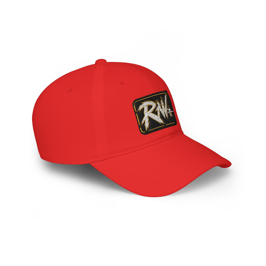 Hat-Red Low-Profile Baseball Cap with 'RW' Embroidered Patch — Casual Everyday Dad Hat