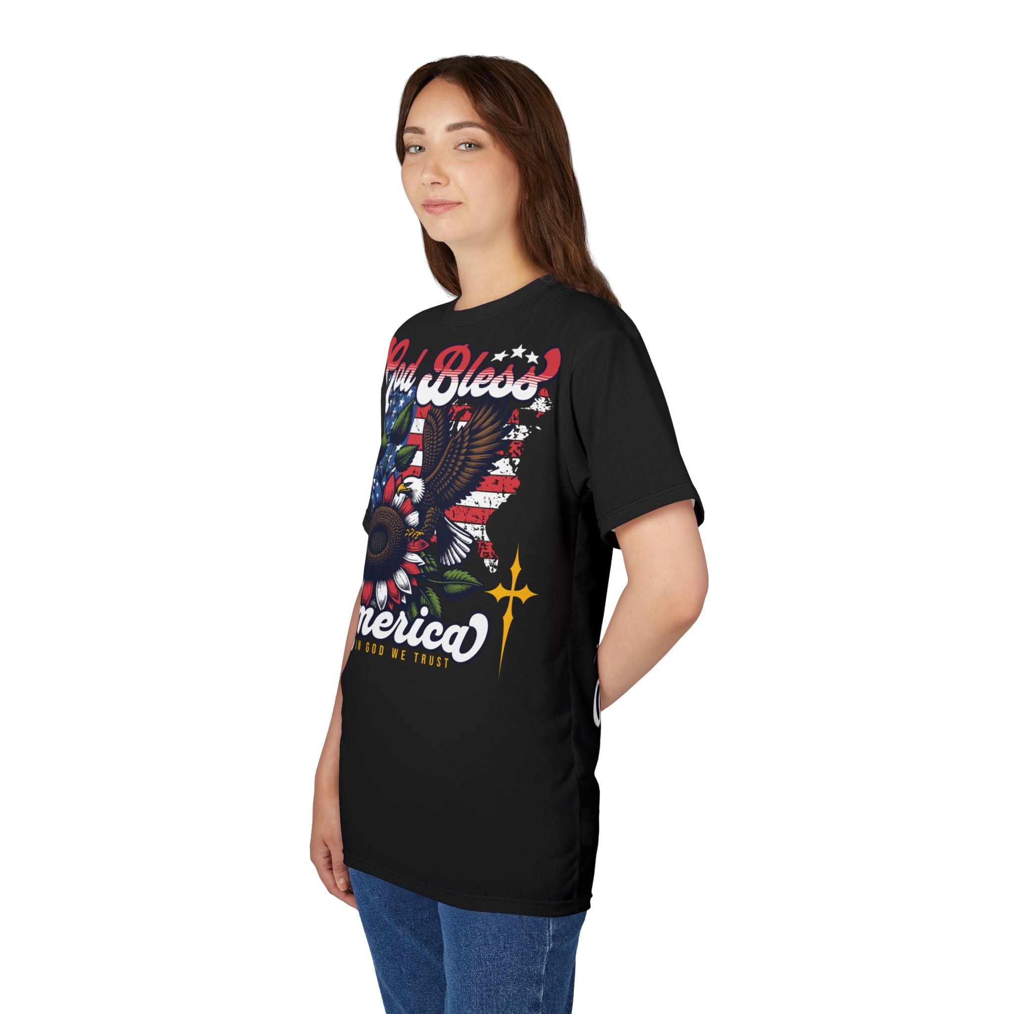 America-God Bless America Tee — Patriotic Eagle & Sunflower All-Over Print