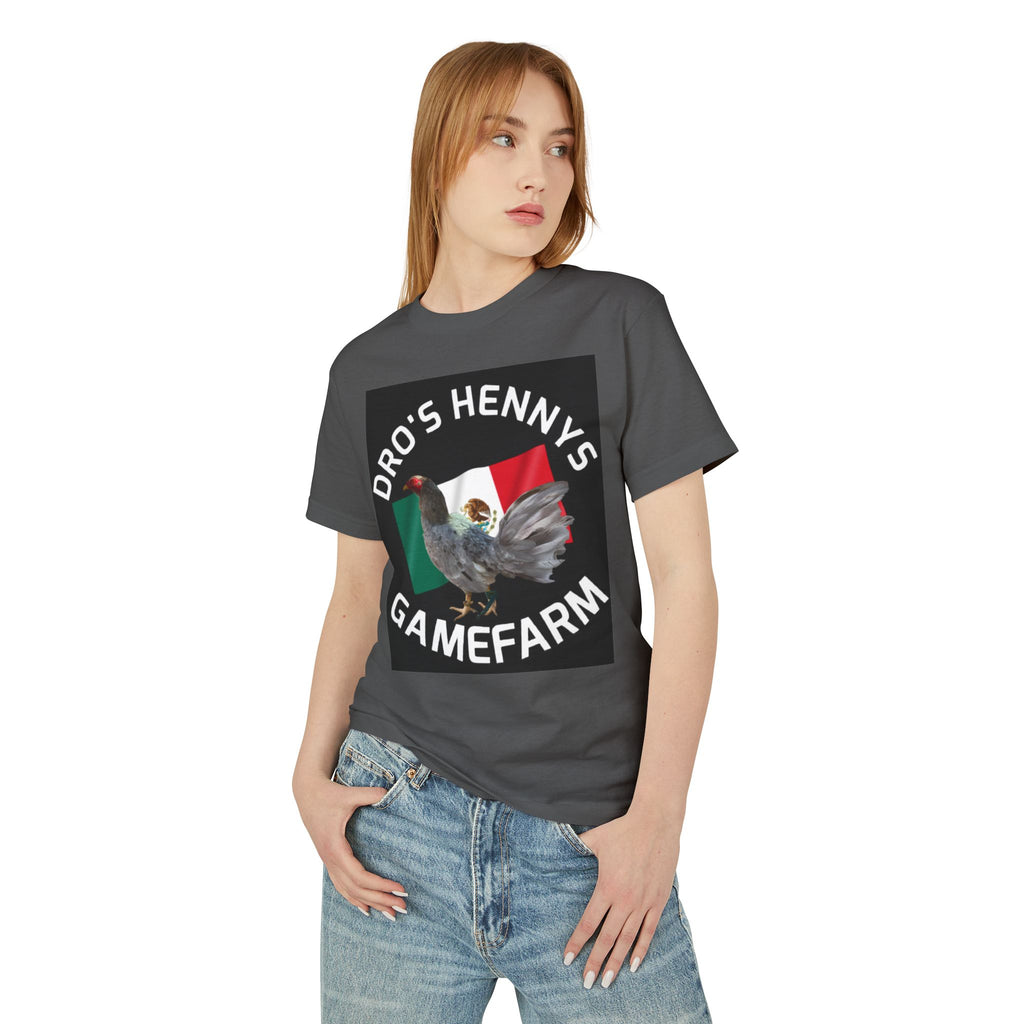 Henny-Gamefarm Hen T‑Shirt — "Dro's Henny's Gamefarm" Mexican Flag Poultry Tee