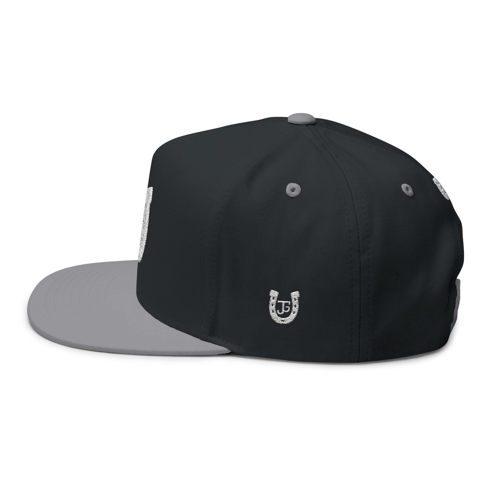 JG-Embroidered Horseshoe Flat Bill Cap — Lucky JG Logo Snapback
