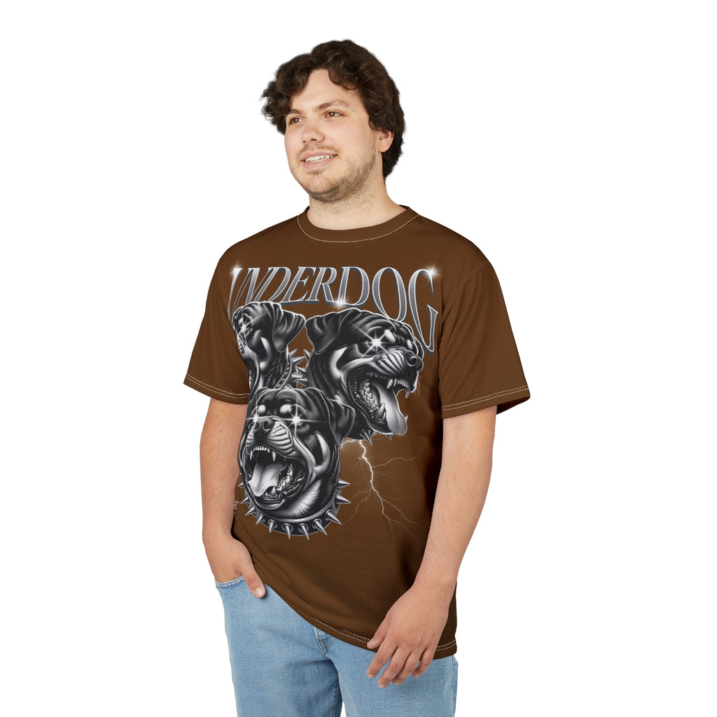 Streetwear- Underdog Triple-Headed Pitbull Tee — Graphic Brown AOP Shirt