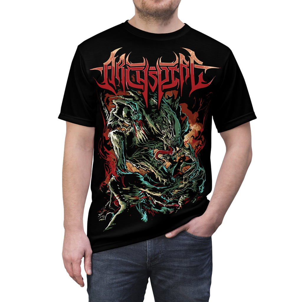 Rock-Death Metal Monster Graphic Tee — 'Whispered' All-Over Print Band Shirt
