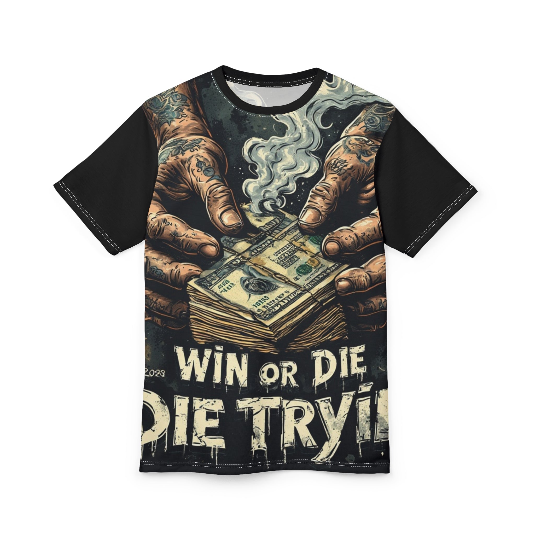 Streetwear- Win or Die Money Stack Tee — Street Tattoo Style Graphic Shirt