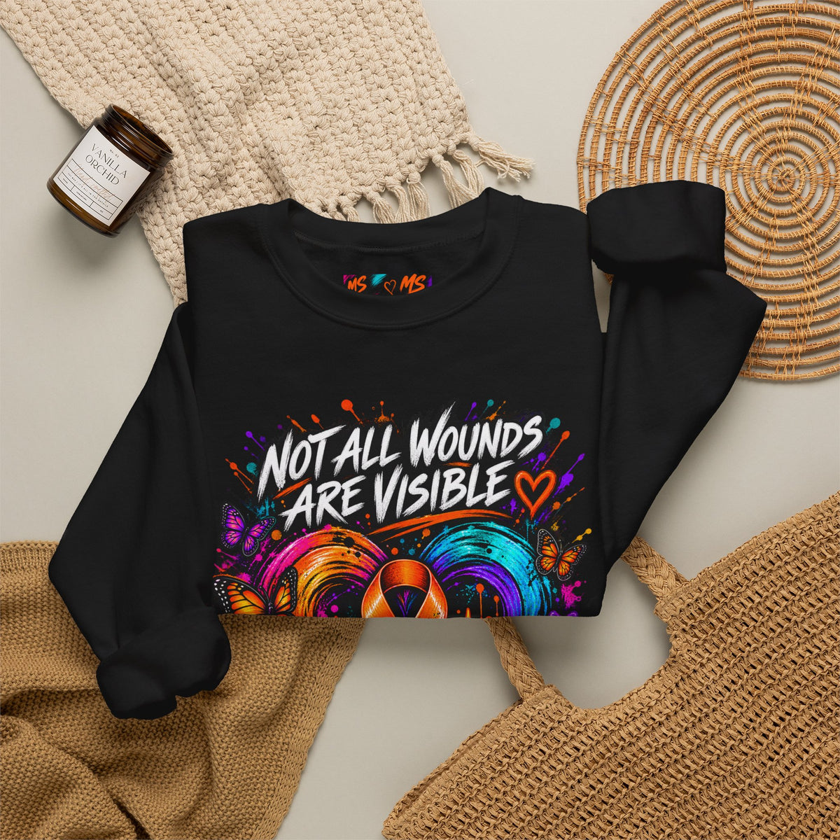 MS- Awareness Crewneck Sweatshirt — "Not All Wounds Are Visible" Orange Ribbon Design