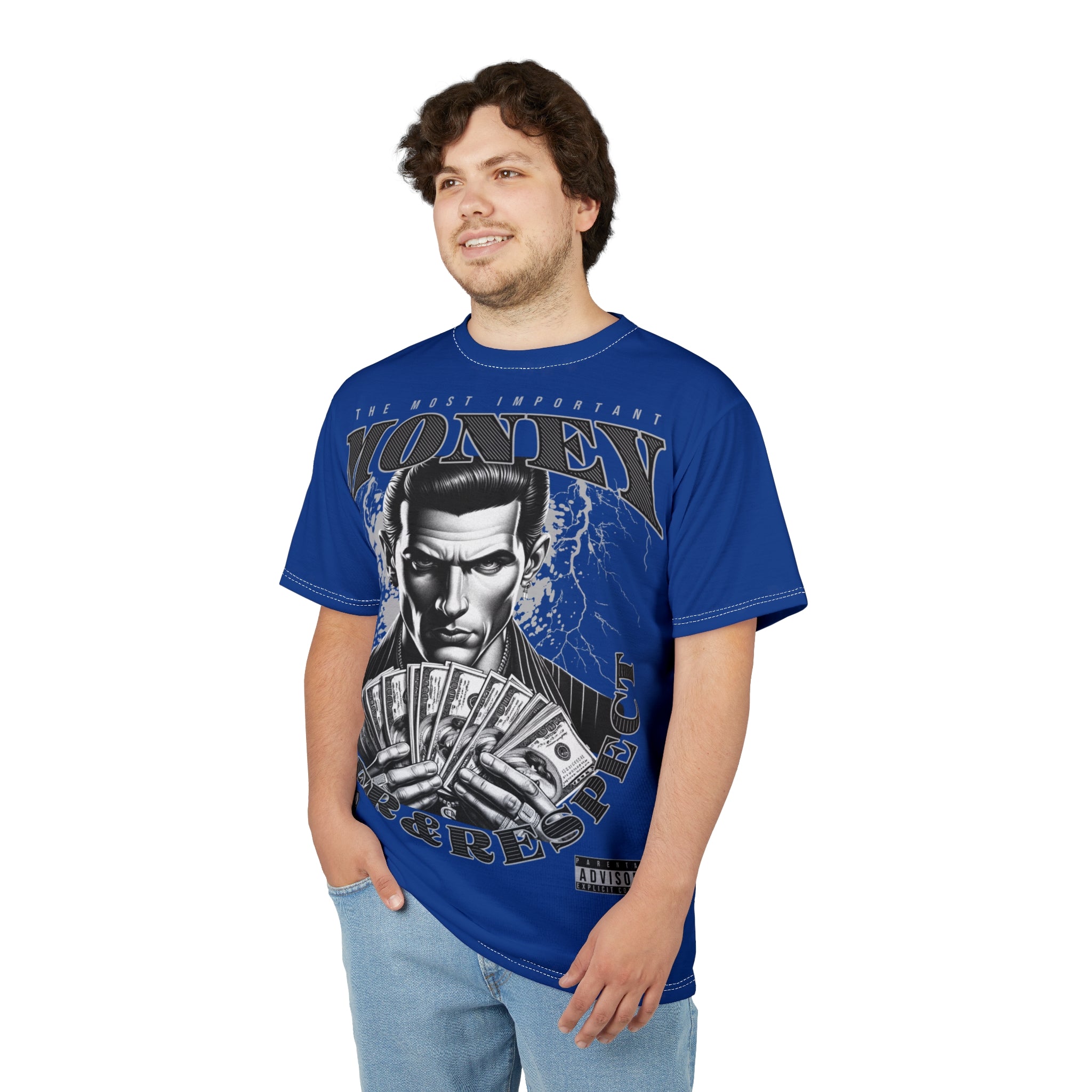 Streetwear-Money Power & Respect Graphic Tee — Bold Blue All-Over Print
