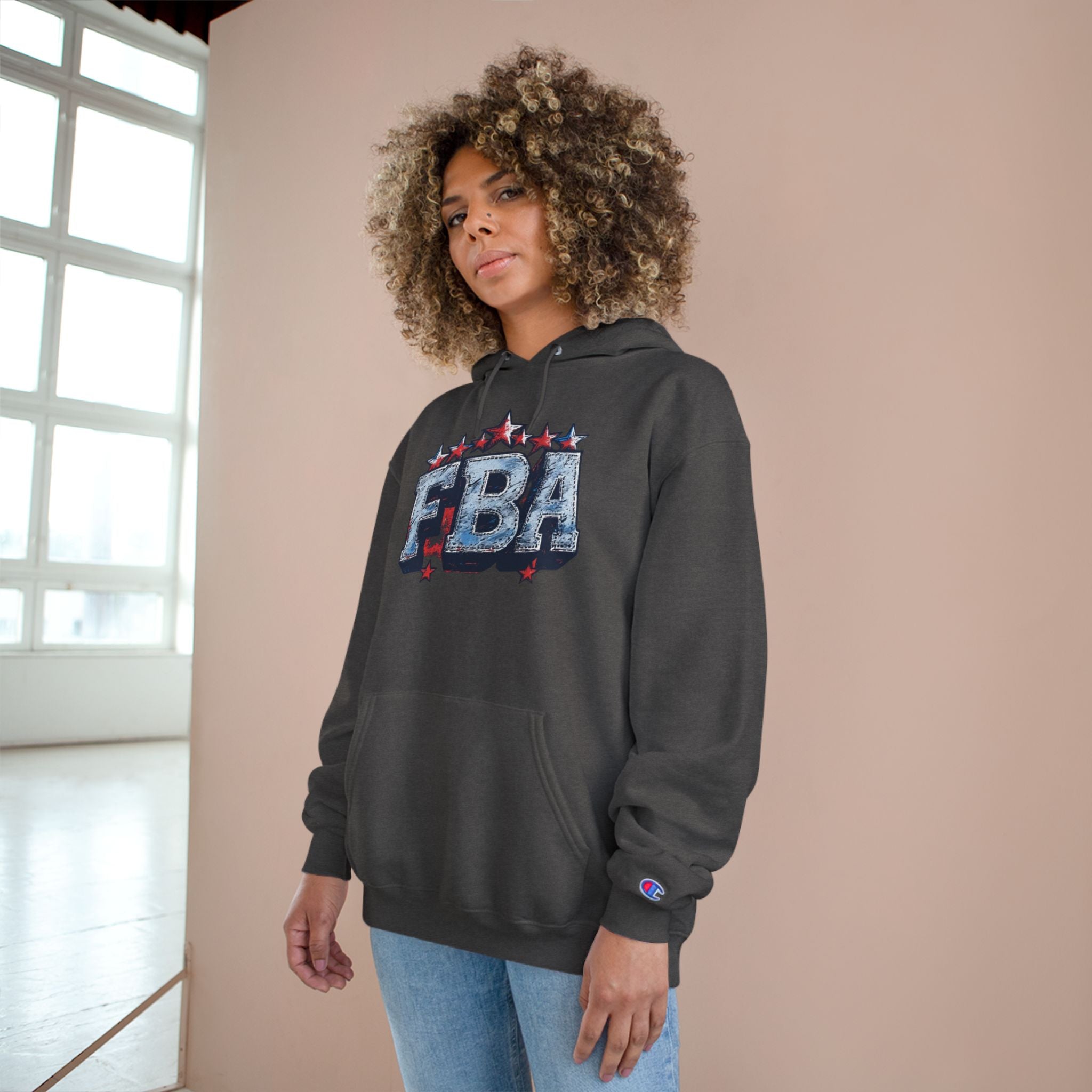 FBA- Graphic Hoodie — Retro Neon Fist & Star Emblem Champion Sweatshirt