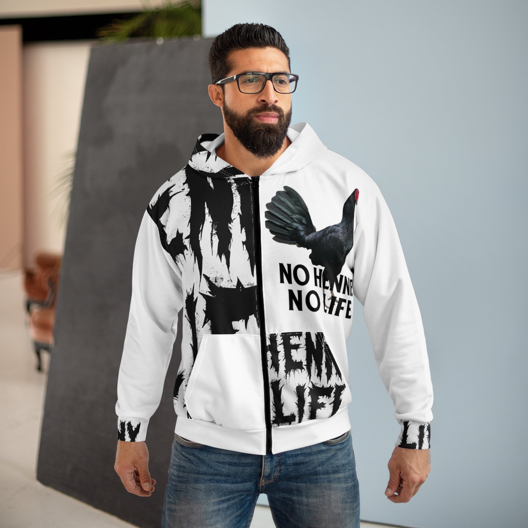 Henny- No Hennie No Life Zip Hoodie — Black & White Rooster Graphic Hoodie