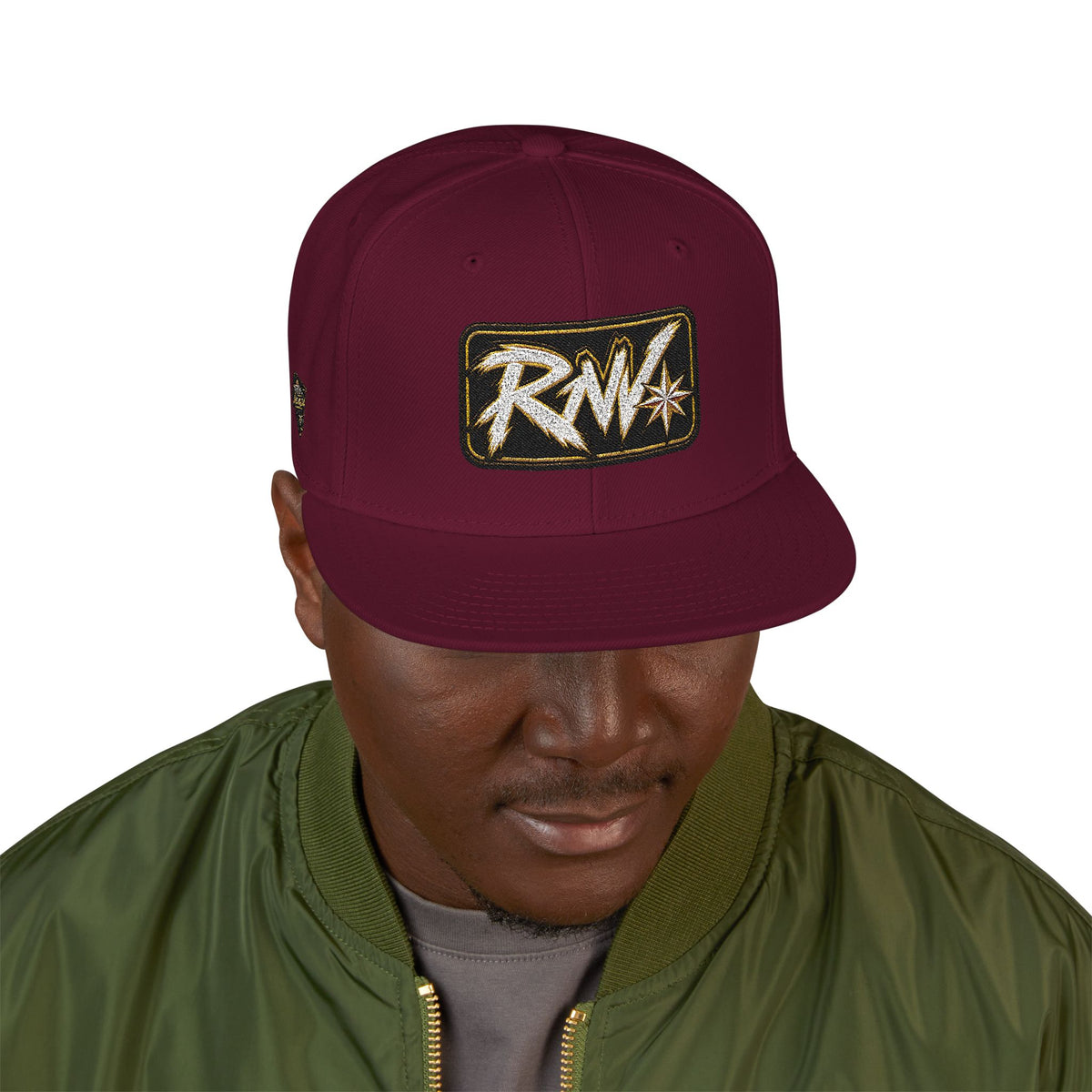 Hat-Embroidered Snapback Hat – Gold Glitter 'RW' Logo Flat Brim Cap