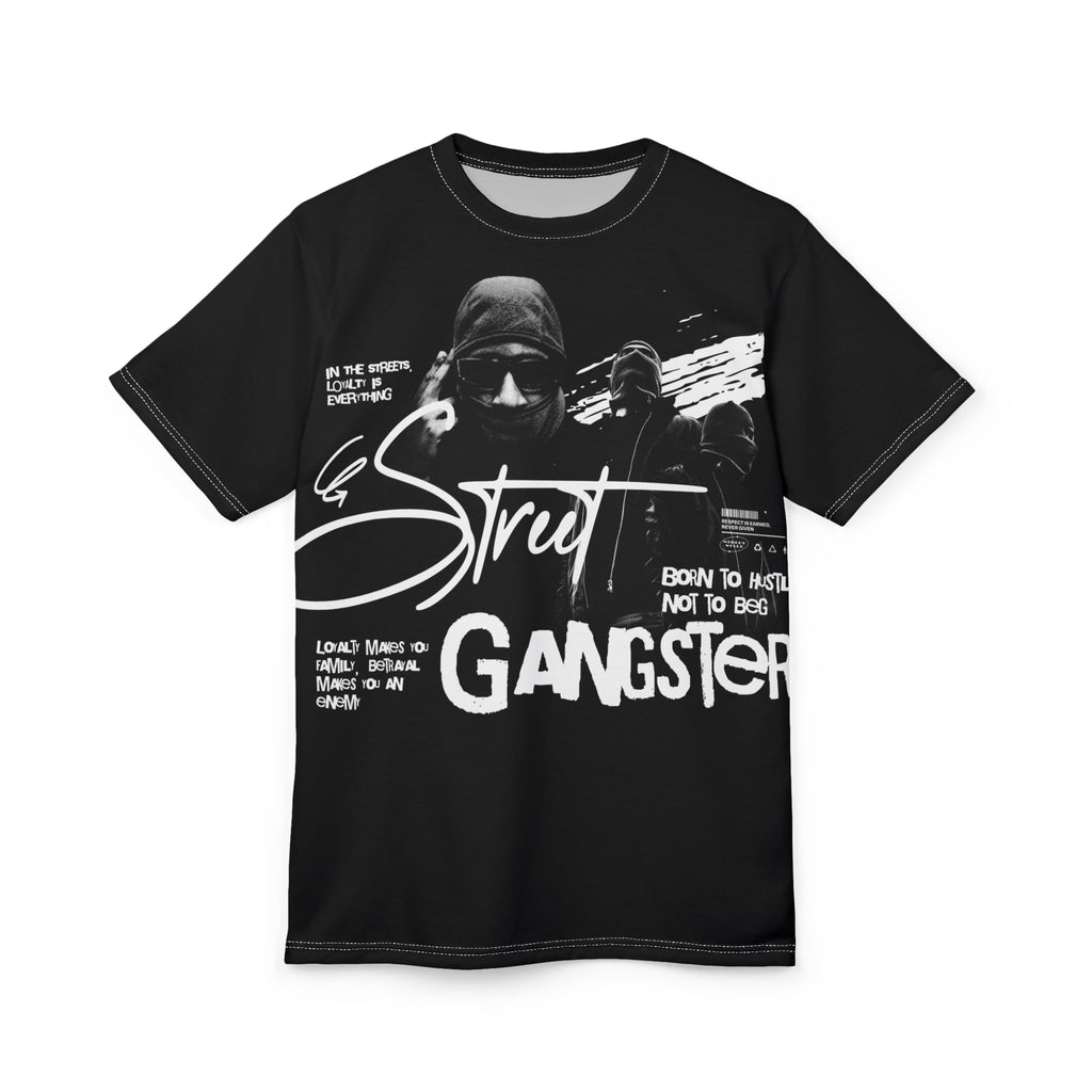 Streetwear- Street Gangster Graphic Tee — "Street Gangster" Black All-Over Print Shirt