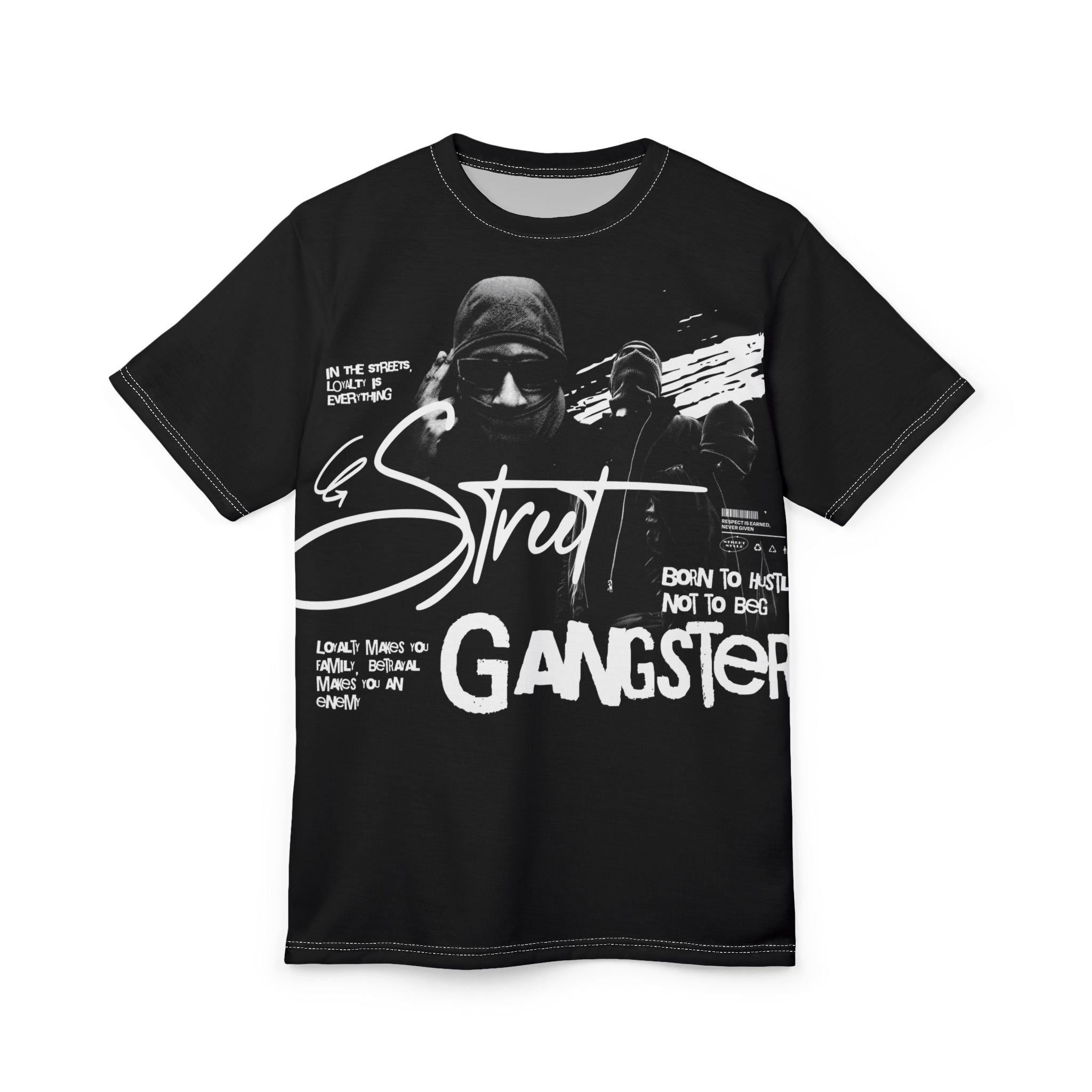Streetwear- Street Gangster Graphic Tee — "Street Gangster" Black All-Over Print Shirt