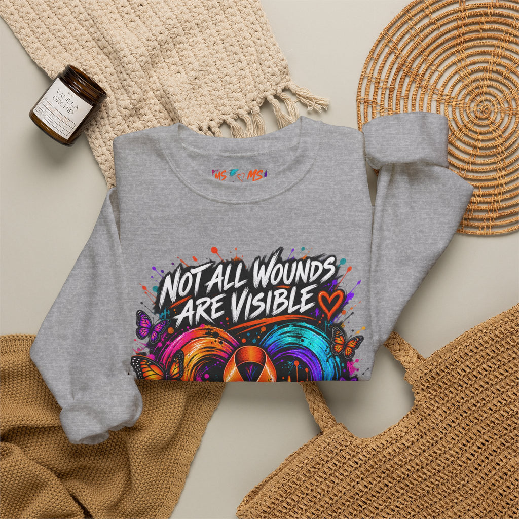 MS- Awareness Crewneck Sweatshirt — "Not All Wounds Are Visible" Orange Ribbon Design