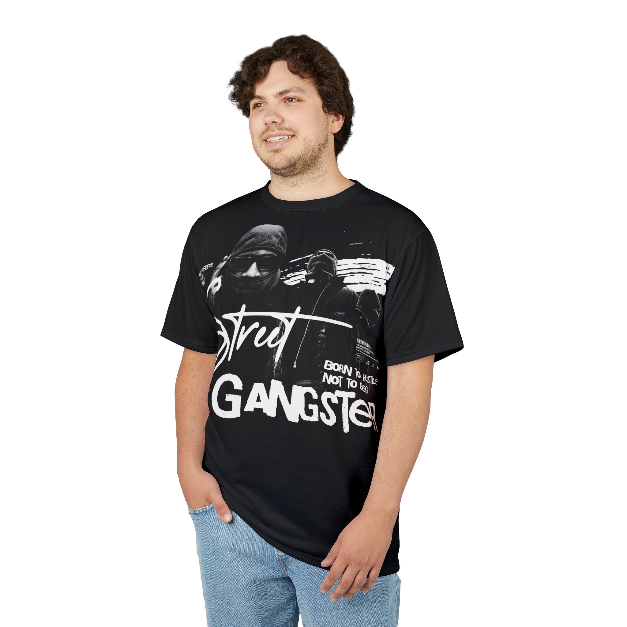 Streetwear- Street Gangster Graphic Tee — "Street Gangster" Black All-Over Print Shirt