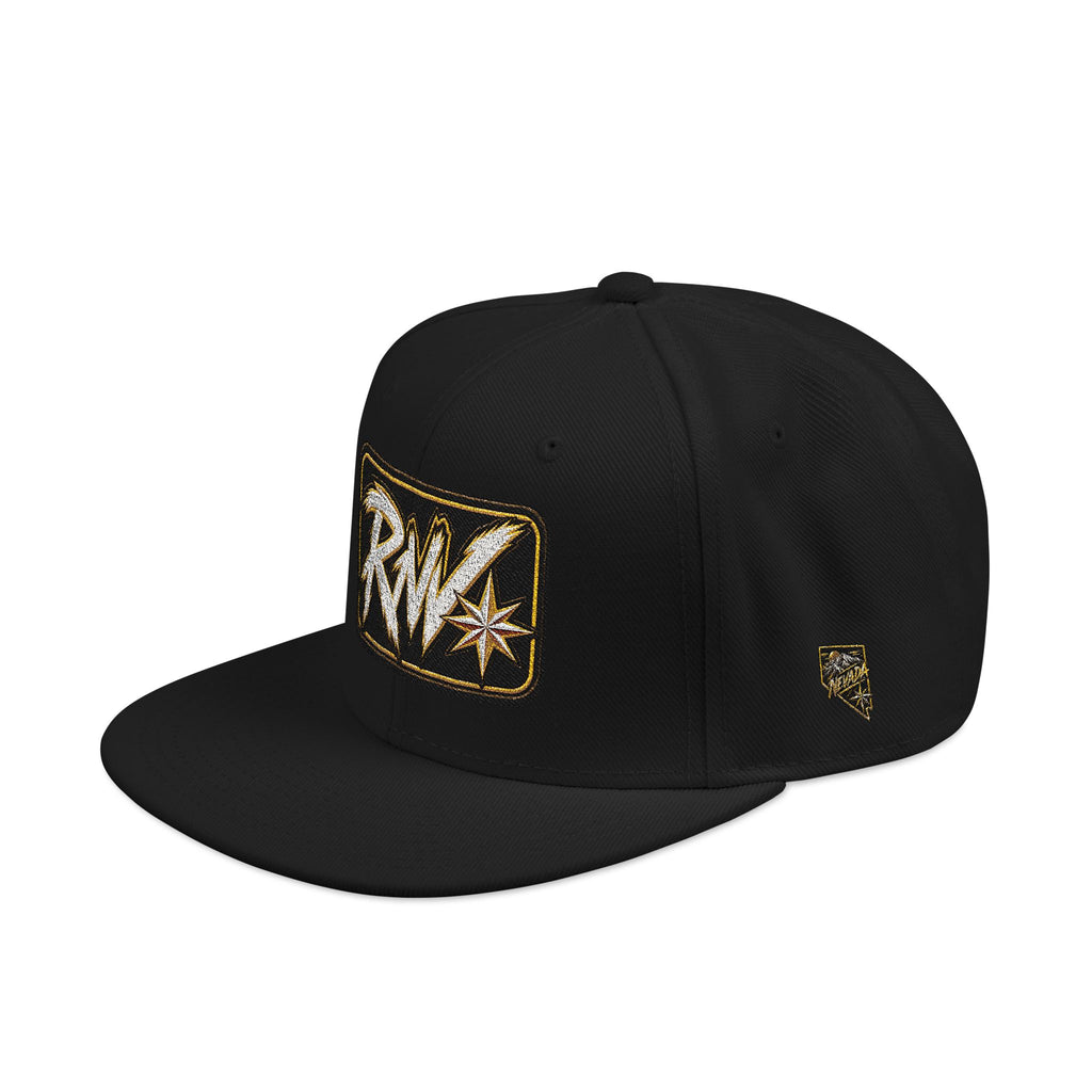 Hat-Embroidered Snapback Hat – Gold Glitter 'RW' Logo Flat Brim Cap