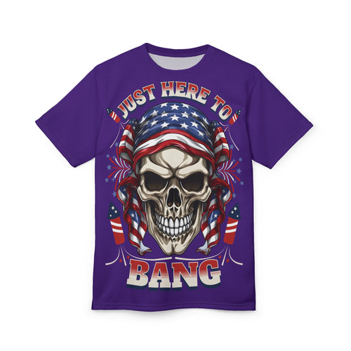 America-Patriotic Skull Tee — "Just Here to Bang" American Flag Graphic Shirt