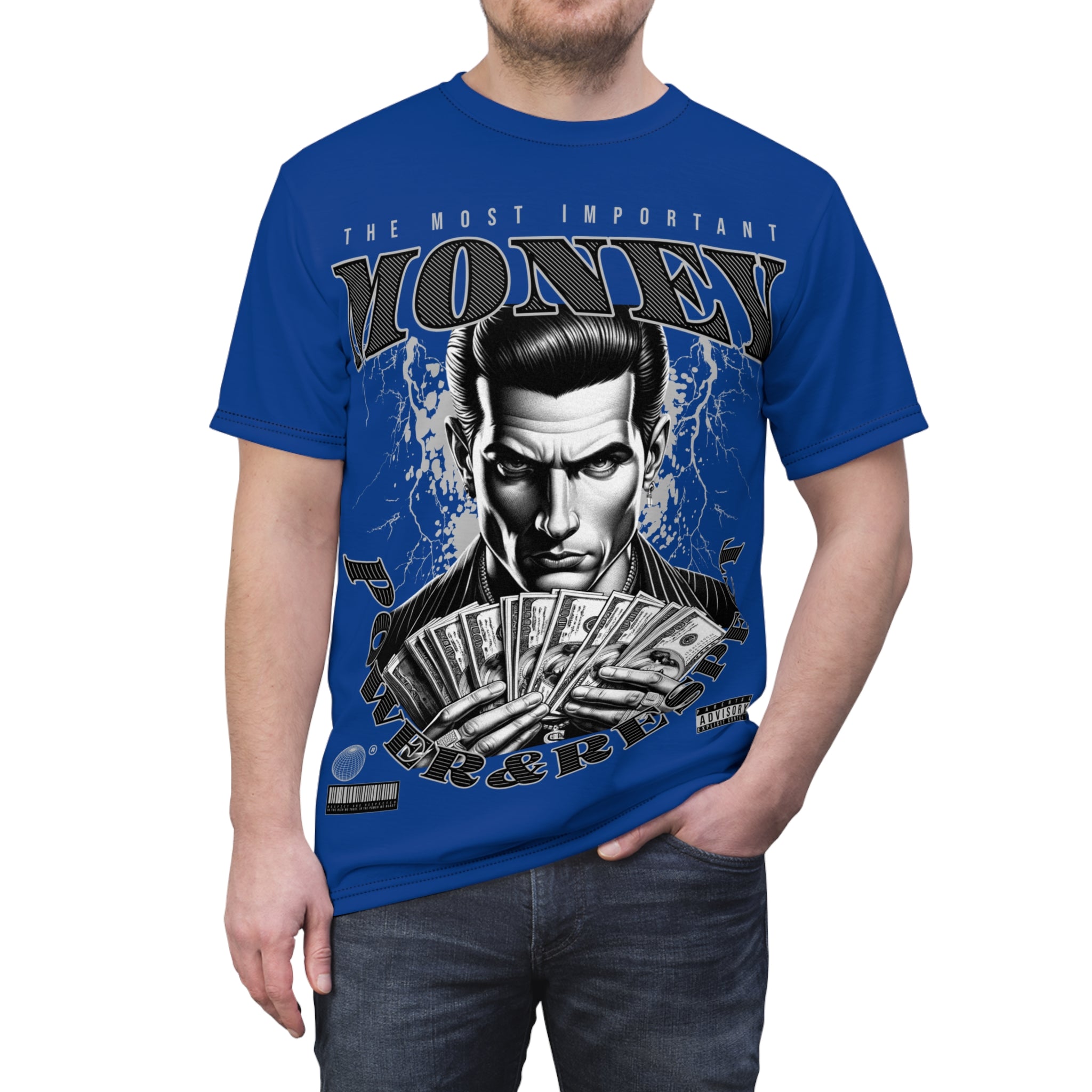 Streetwear-Money Power & Respect Graphic Tee — Bold Blue All-Over Print