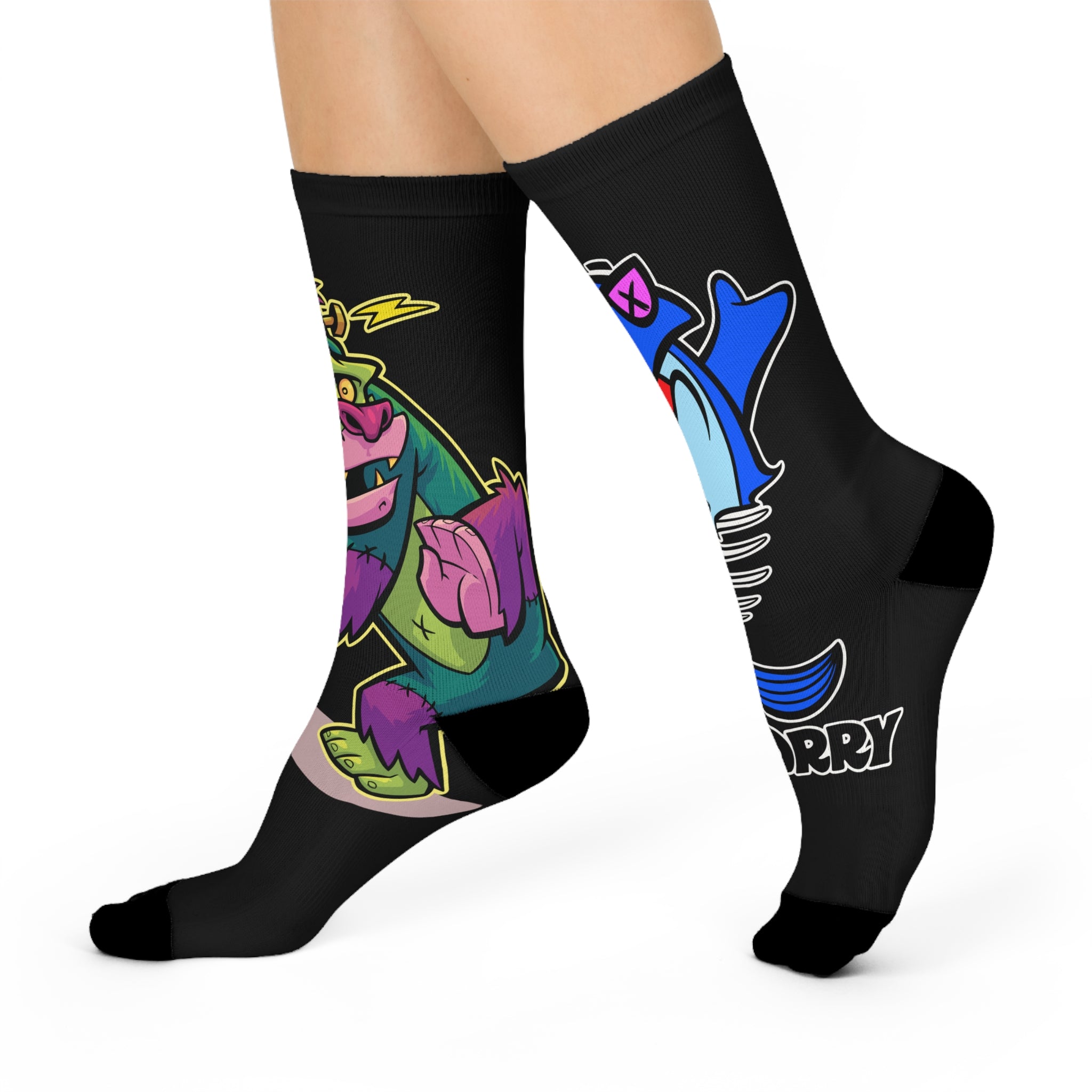 Colorful Cartoon Monster Crew Socks — 'Not Sorry' Graphic Cushioned Socks