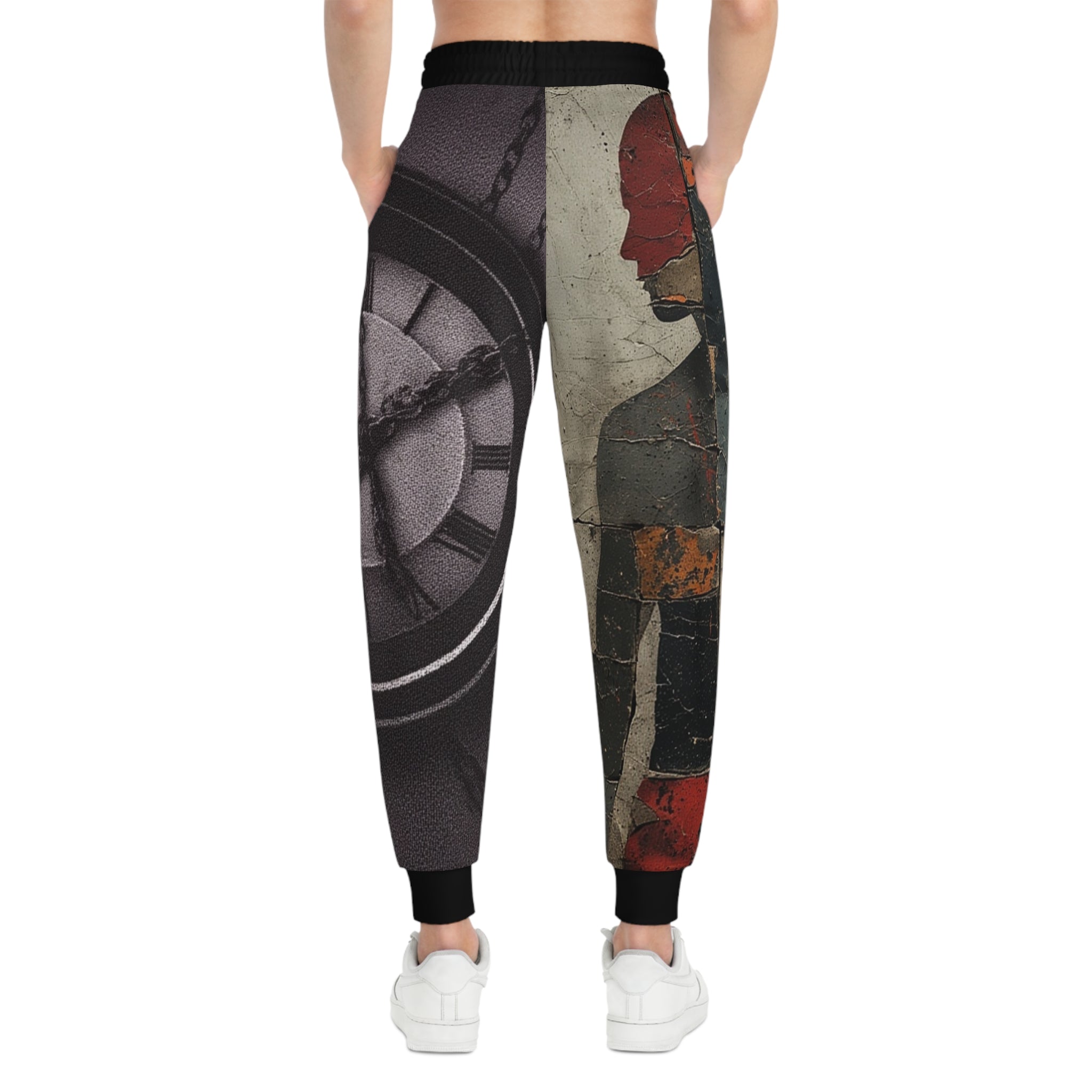 Joggers- Vintage Clock & Silhouette Athletic Joggers — Abstract Grunge AOP Sweatpants