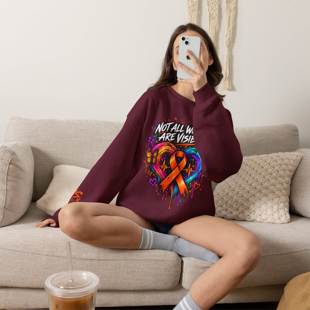 MS- Awareness Crewneck Sweatshirt — "Not All Wounds Are Visible" Orange Ribbon Design