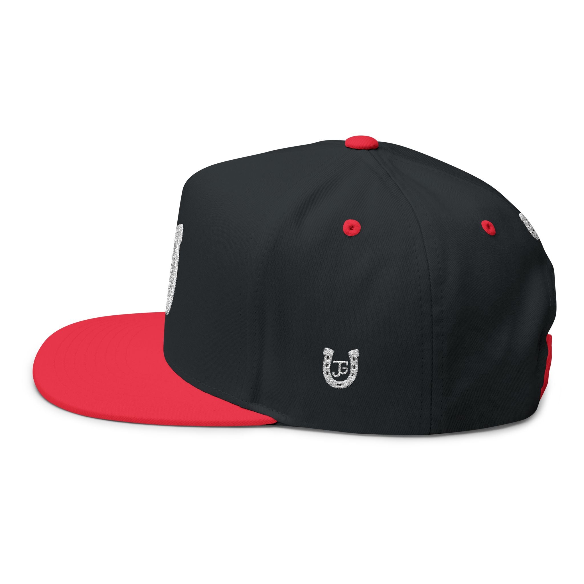 JG-Embroidered Horseshoe Flat Bill Cap — Lucky JG Logo Snapback