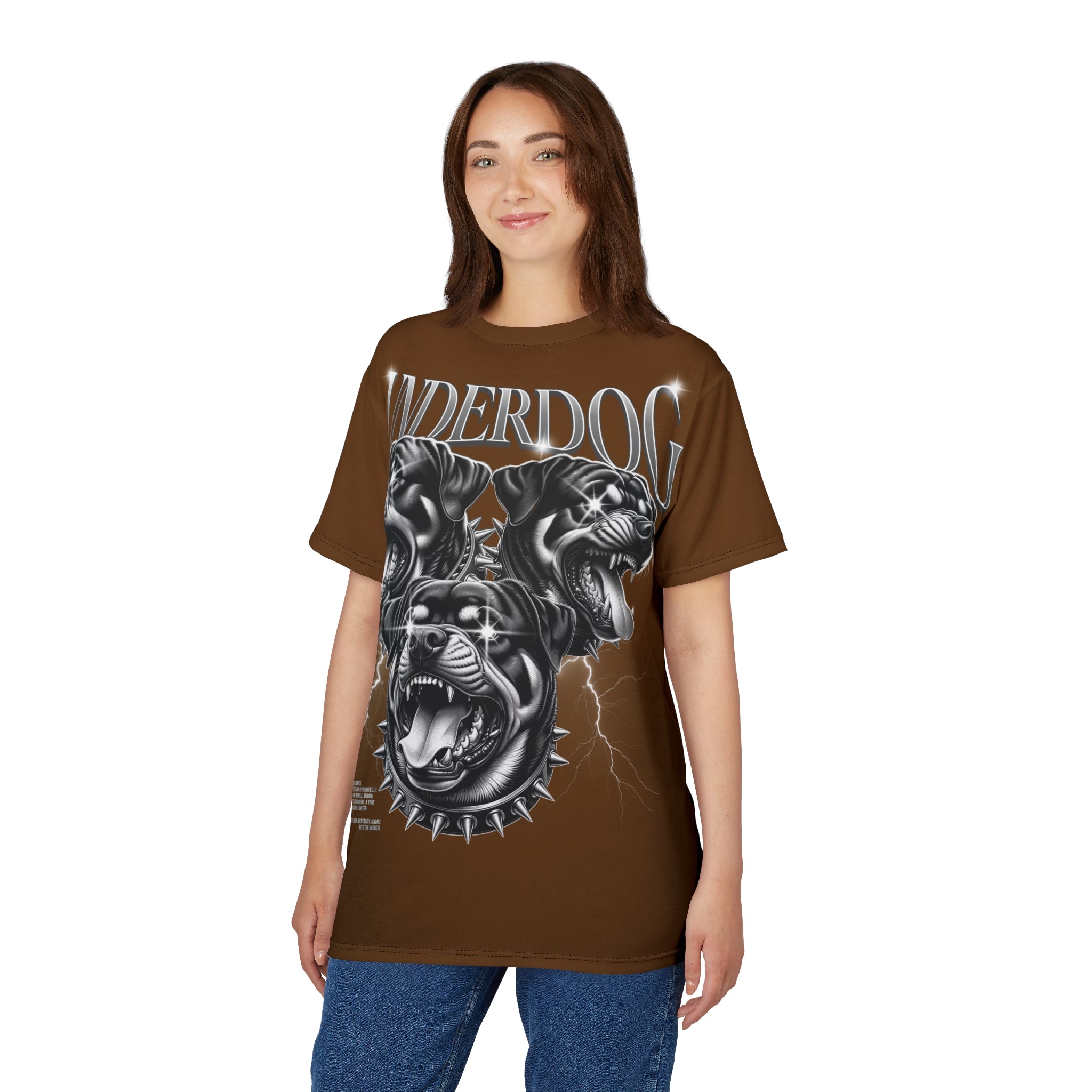 Streetwear- Underdog Triple-Headed Pitbull Tee — Graphic Brown AOP Shirt