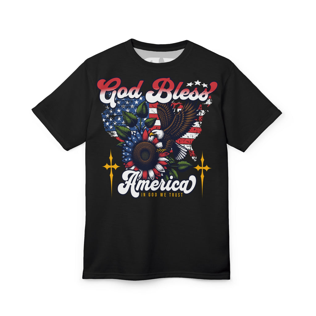 America-God Bless America Tee — Patriotic Eagle & Sunflower All-Over Print