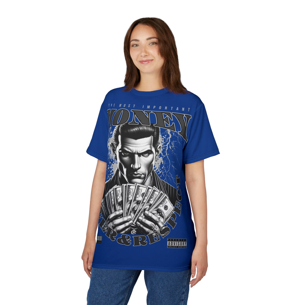 Streetwear-Money Power & Respect Graphic Tee — Bold Blue All-Over Print