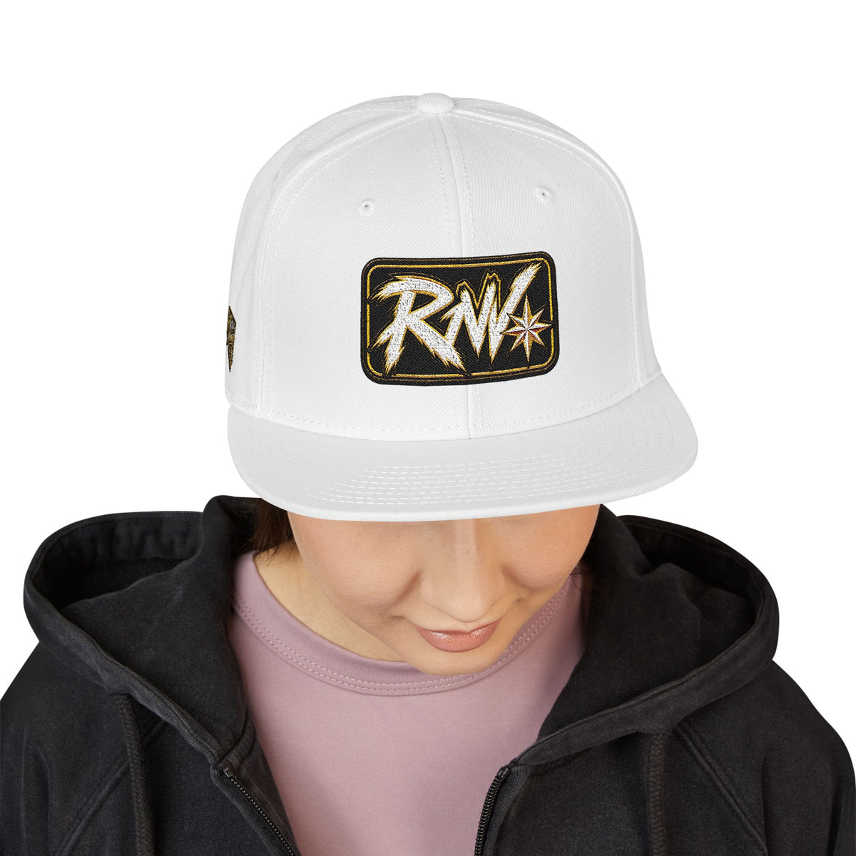 Hat-Embroidered Snapback Hat – Gold Glitter 'RW' Logo Flat Brim Cap