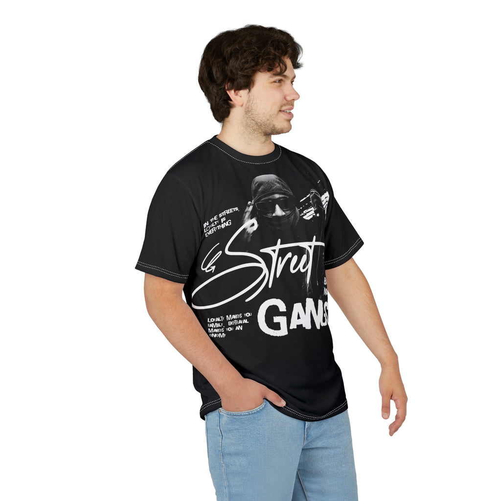 Streetwear- Street Gangster Graphic Tee — "Street Gangster" Black All-Over Print Shirt