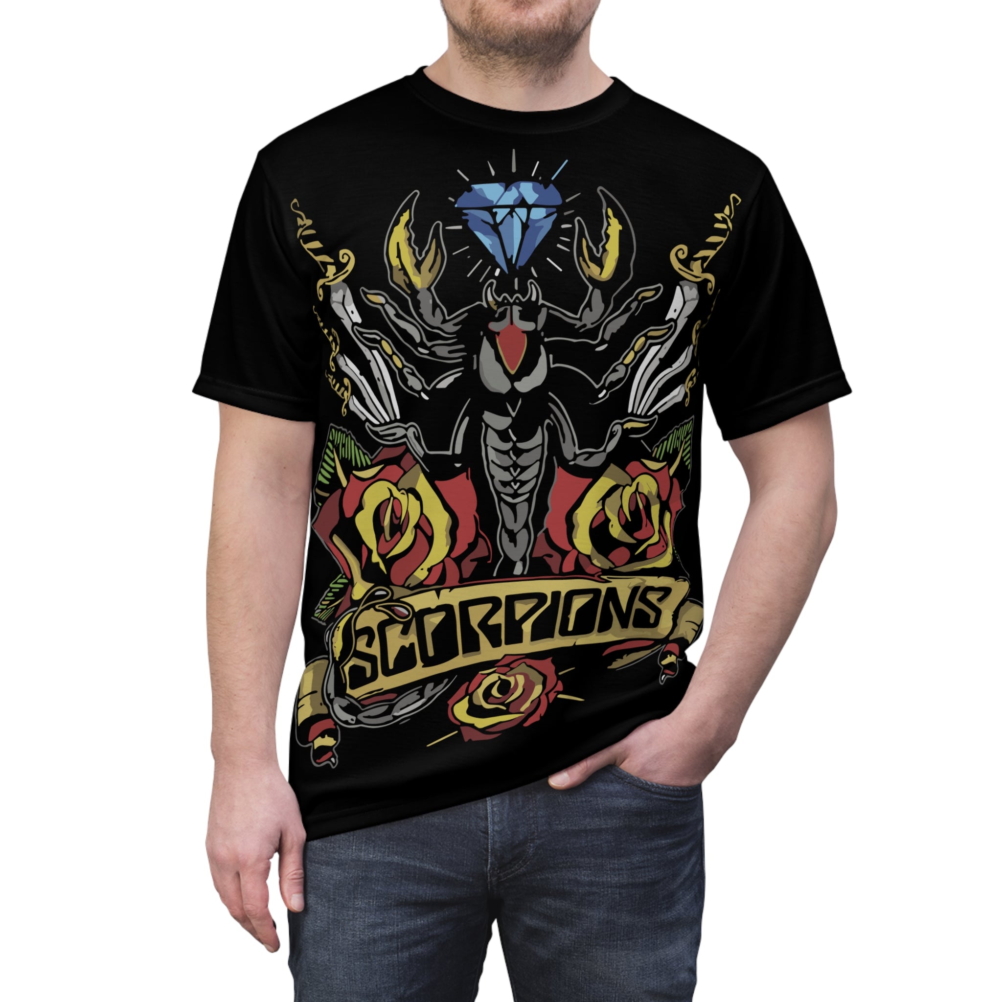 Metal- Tattoo-Style Graphic Tee — All-Over Print Rock Shirt