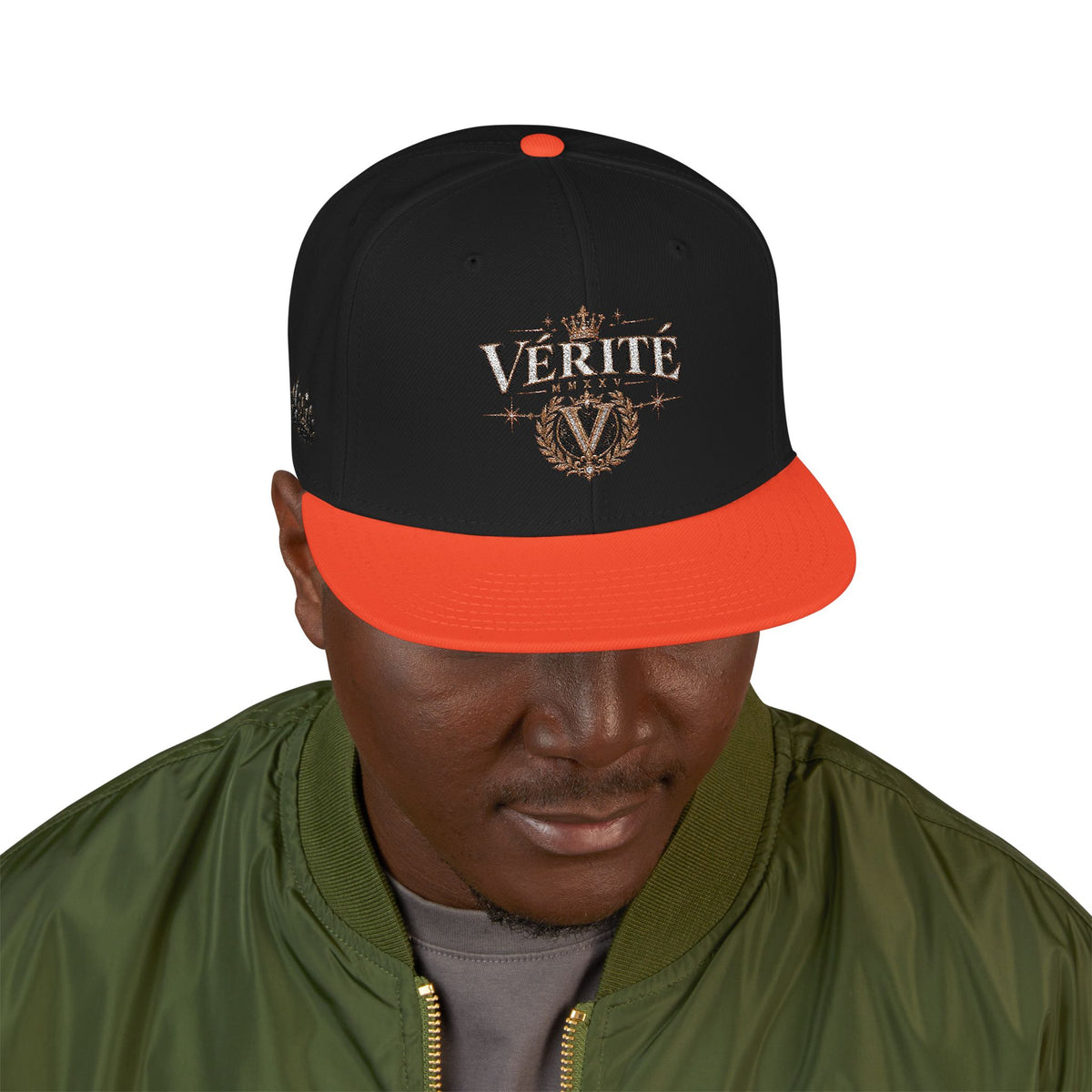 Hat-Embroidered 'Verité' Snapback Hat – Gold Sparkle Logo