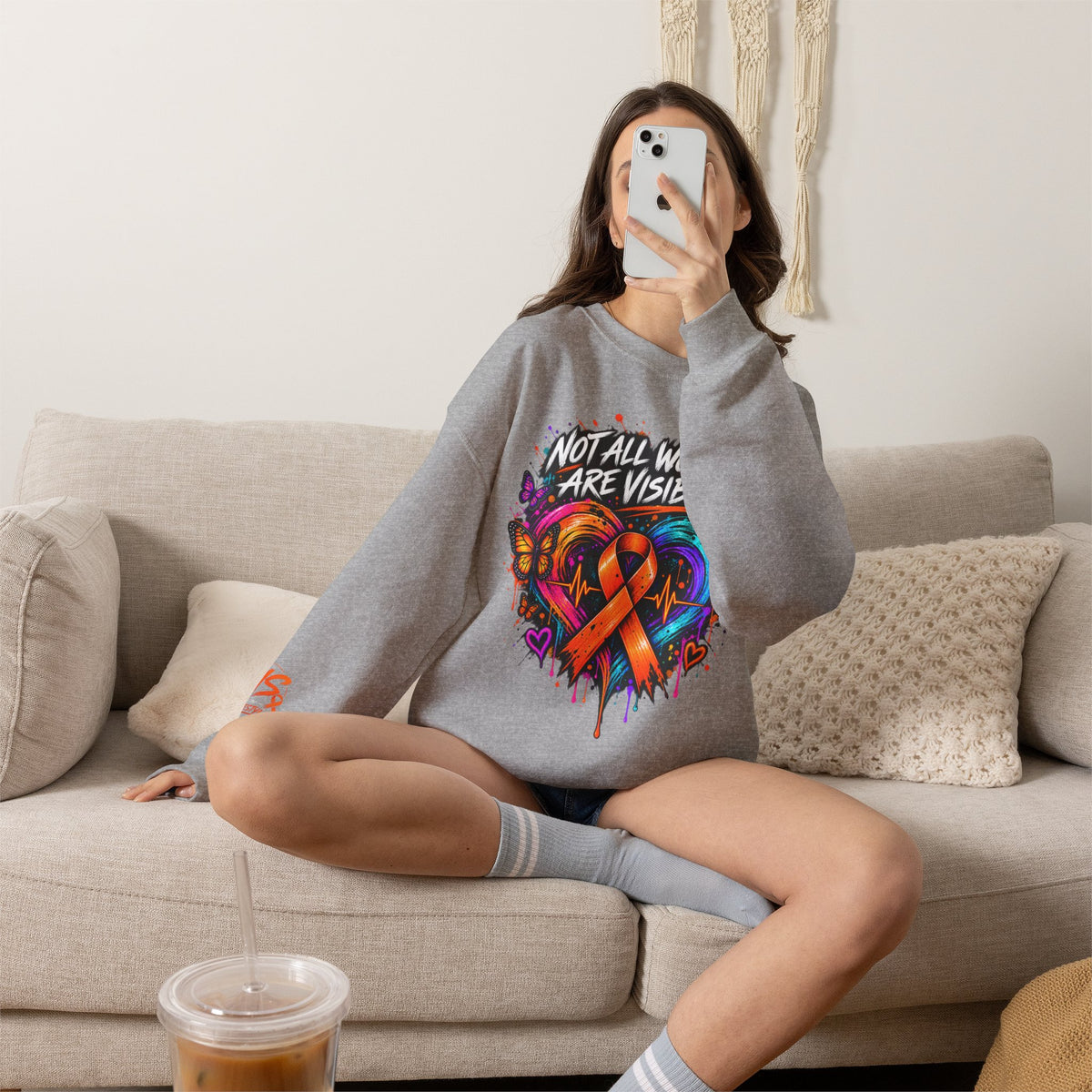 MS- Awareness Crewneck Sweatshirt — "Not All Wounds Are Visible" Orange Ribbon Design