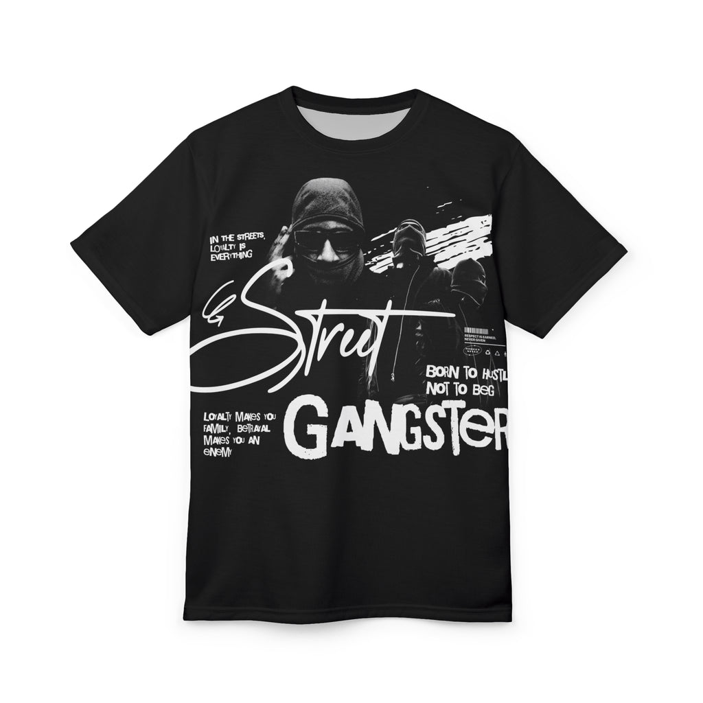 Streetwear- Street Gangster Graphic Tee — "Street Gangster" Black All-Over Print Shirt