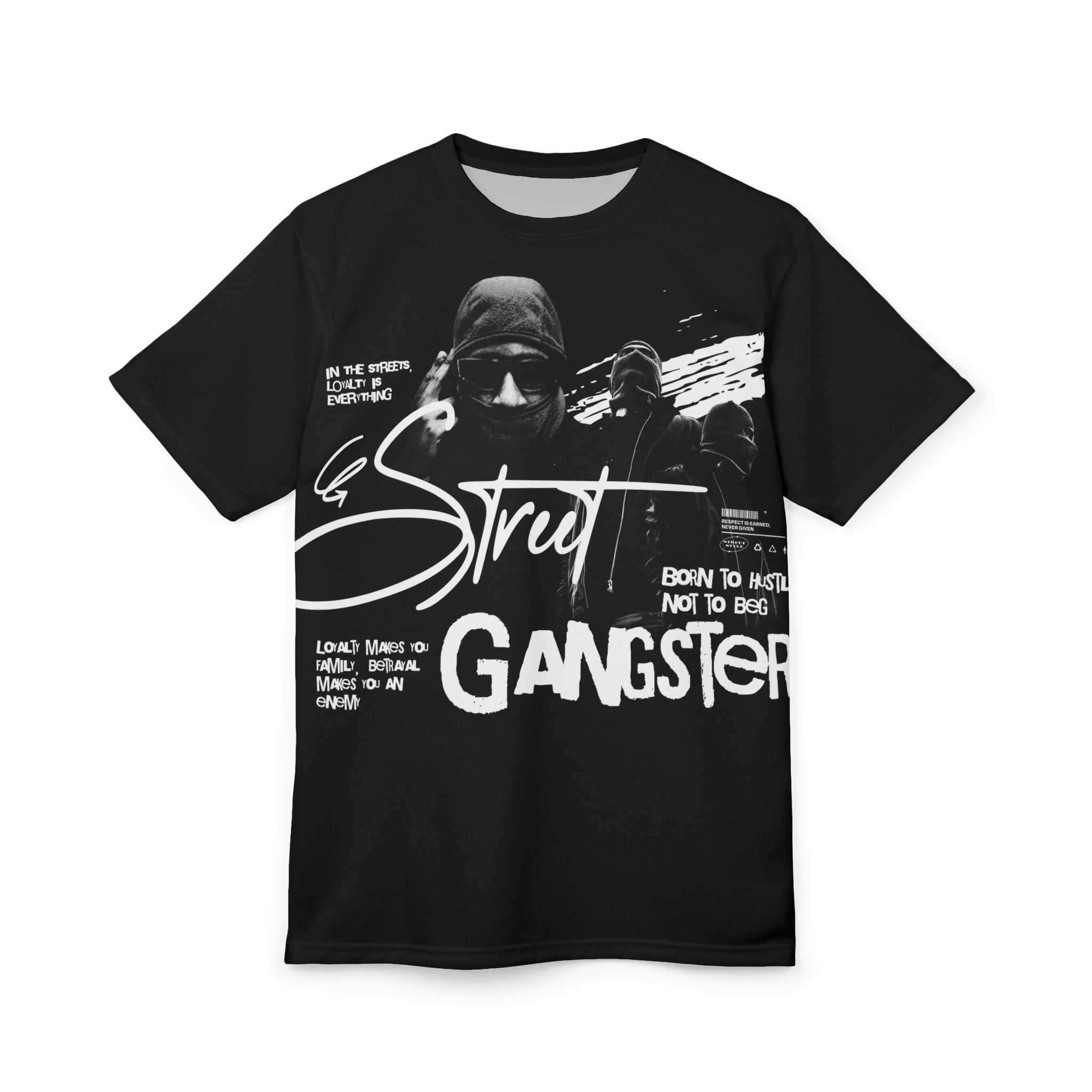 Streetwear- Street Gangster Graphic Tee — "Street Gangster" Black All-Over Print Shirt