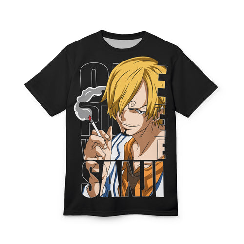 Anime- Character Graphic Tee — "One Piece" Sanji Smoking Split-Panel Design