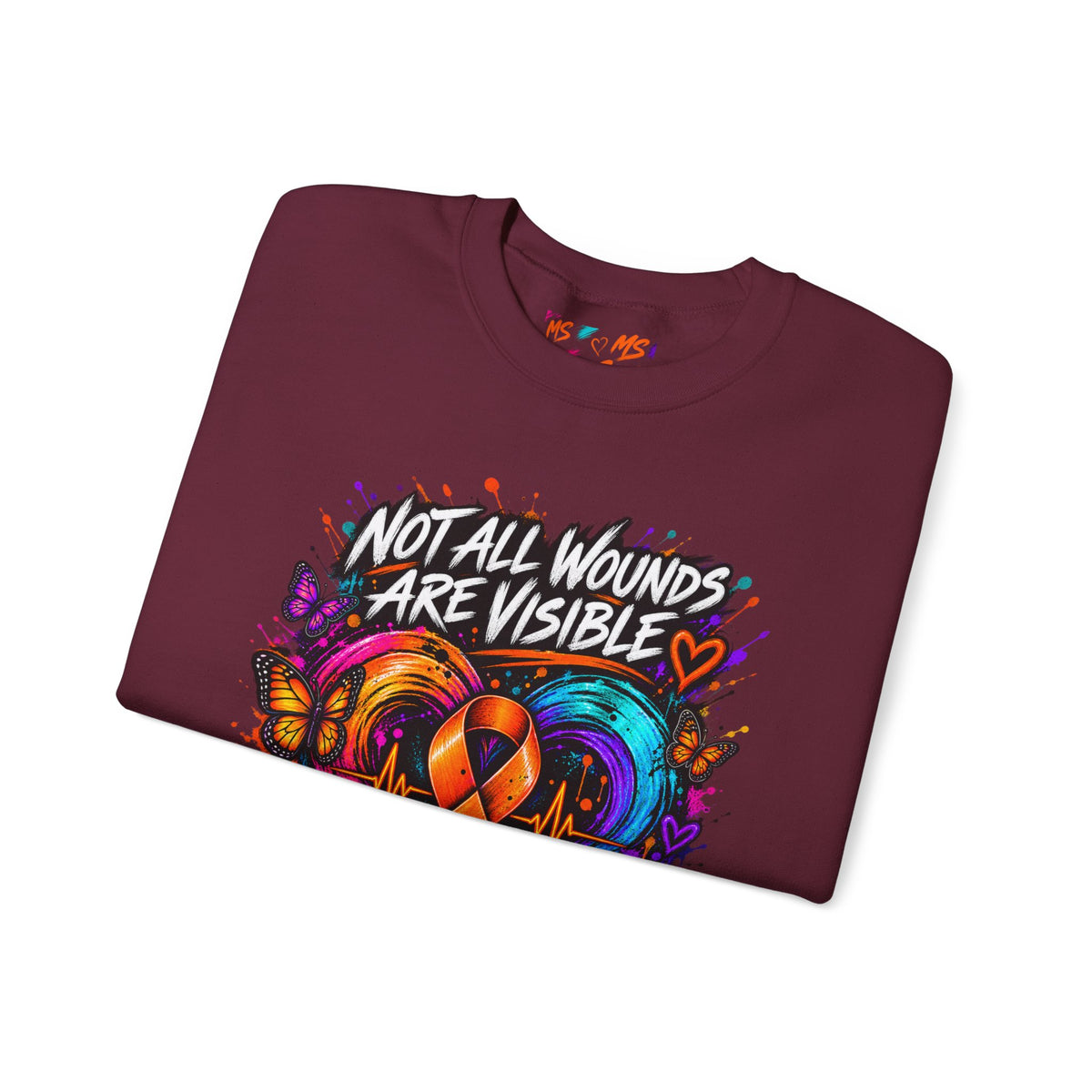MS- Awareness Crewneck Sweatshirt — "Not All Wounds Are Visible" Orange Ribbon Design