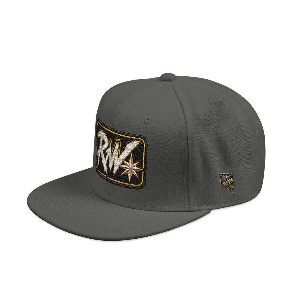 Hat-Embroidered Snapback Hat – Gold Glitter 'RW' Logo Flat Brim Cap