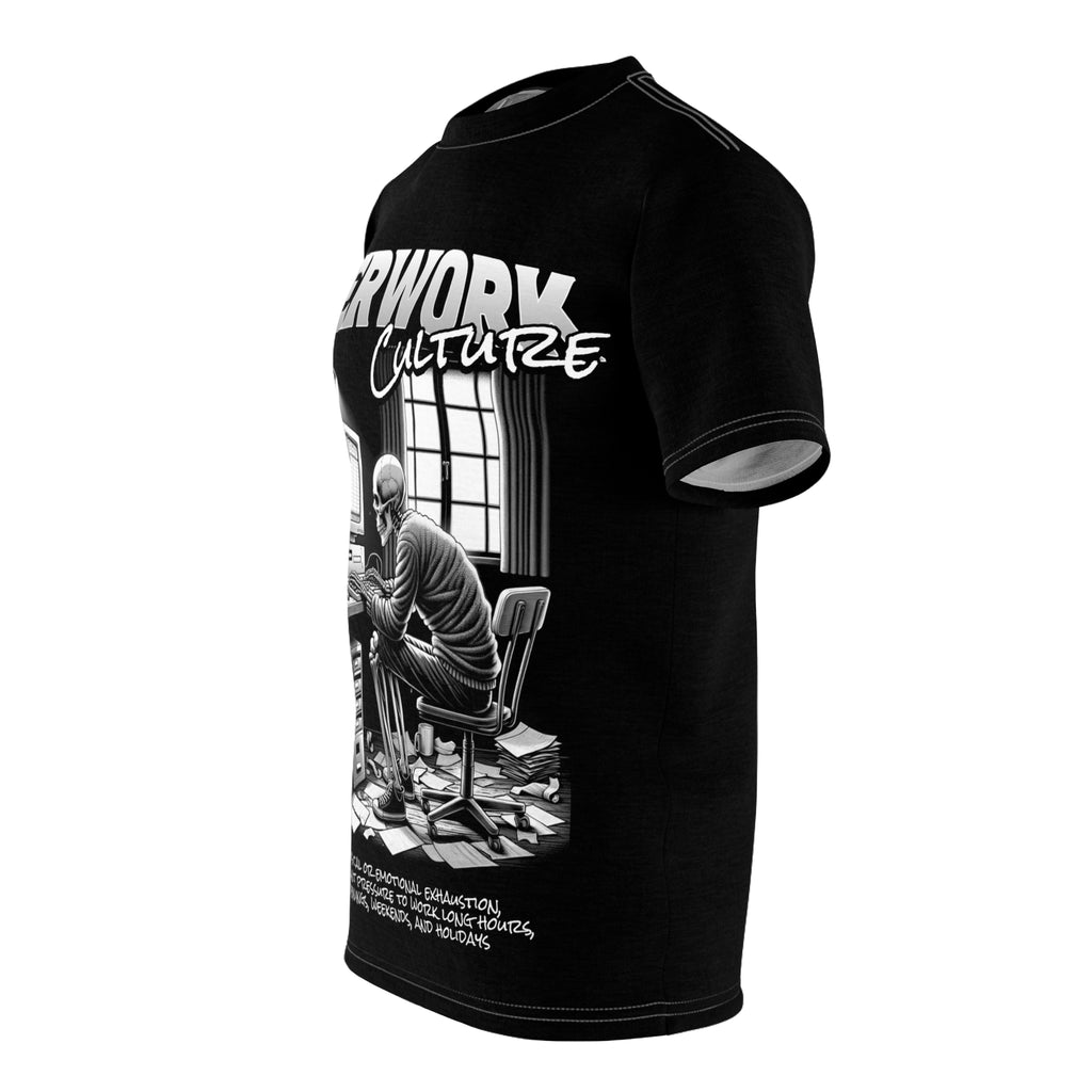 Mindset-Overwork Culture Tee — Skeleton at Desk All-Over Print