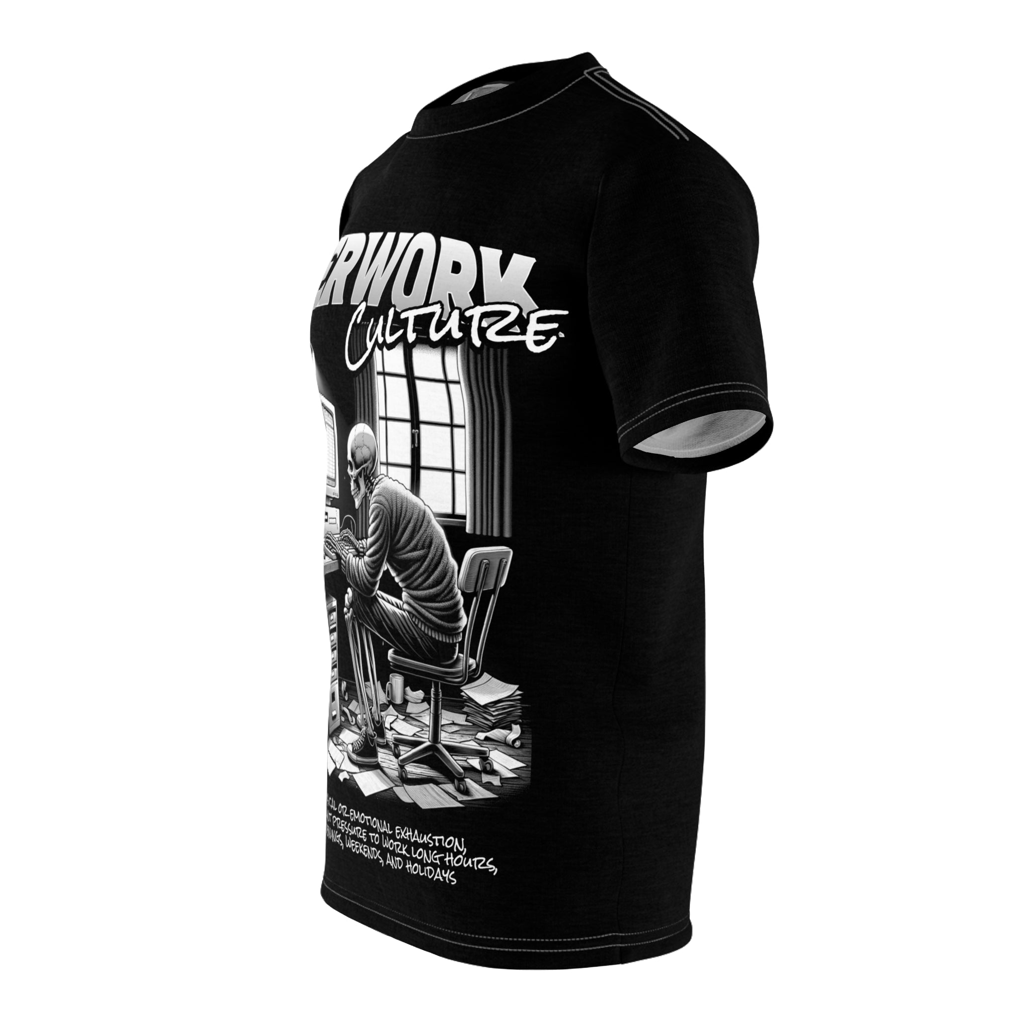 Mindset-Overwork Culture Tee — Skeleton at Desk All-Over Print