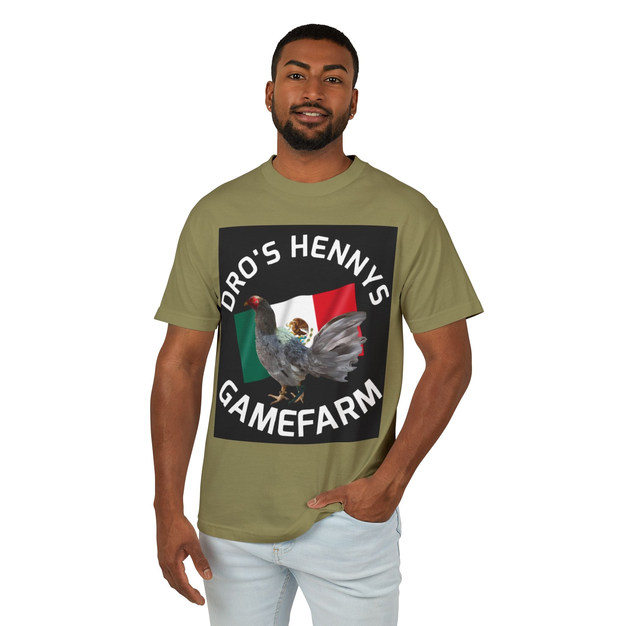 Henny-Gamefarm Hen T‑Shirt — "Dro's Henny's Gamefarm" Mexican Flag Poultry Tee