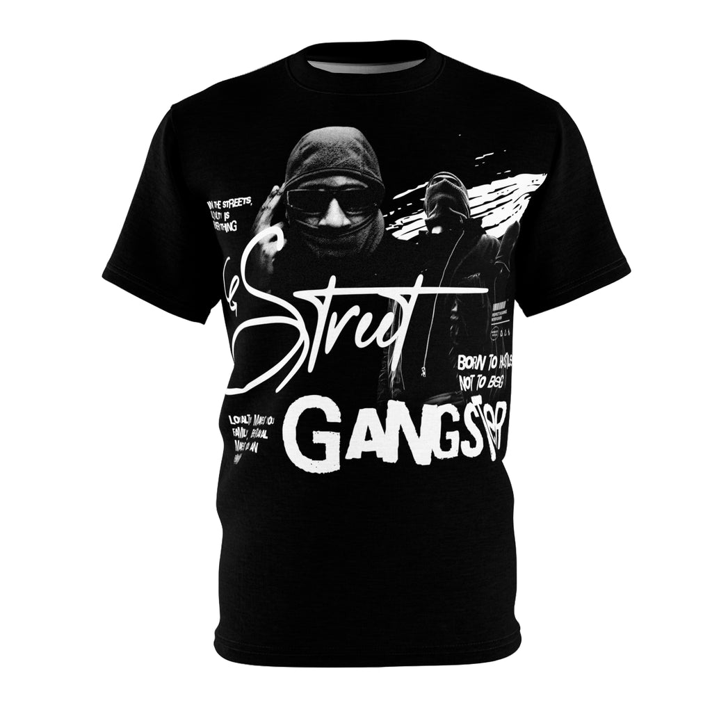 Streetwear- Street Gangster Graphic Tee — "Street Gangster" Black All-Over Print Shirt
