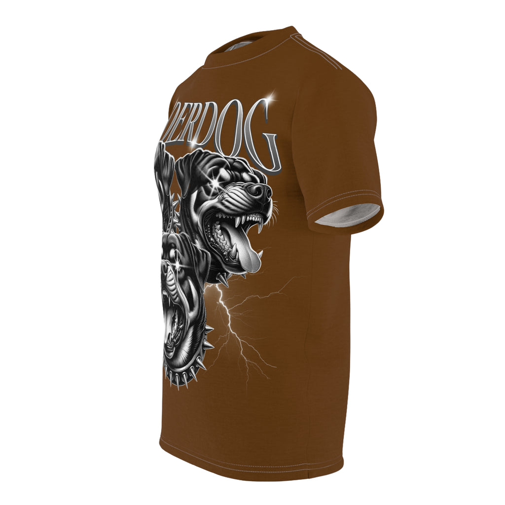 Streetwear- Underdog Triple-Headed Pitbull Tee — Graphic Brown AOP Shirt