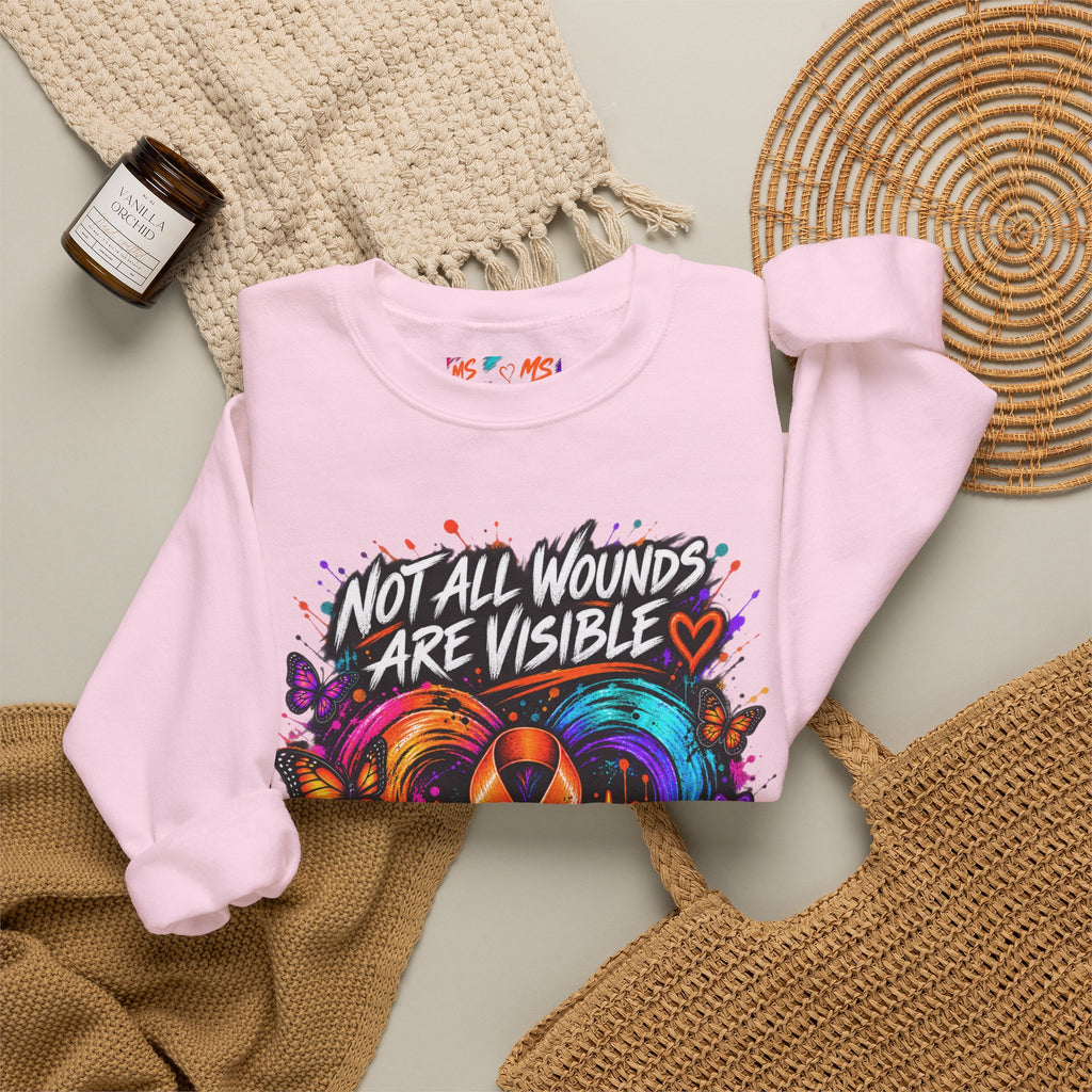 MS- Awareness Crewneck Sweatshirt — "Not All Wounds Are Visible" Orange Ribbon Design