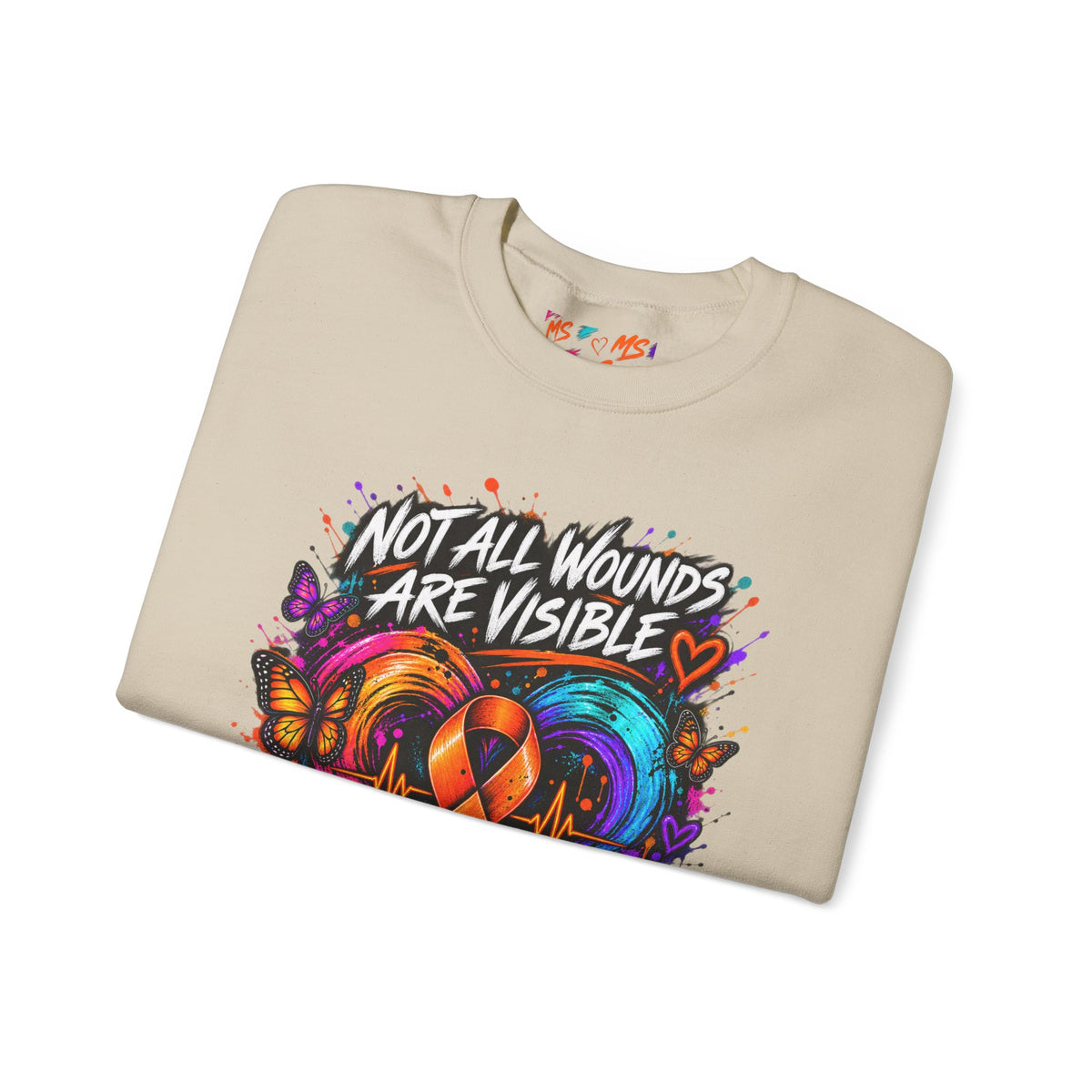 MS- Awareness Crewneck Sweatshirt — "Not All Wounds Are Visible" Orange Ribbon Design