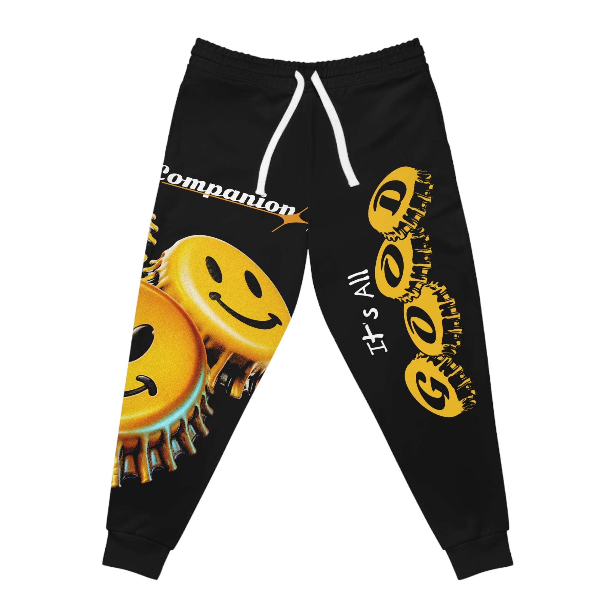 Joggers-Smiley Bottle Cap Athletic Joggers — "It's All Good" Graphic