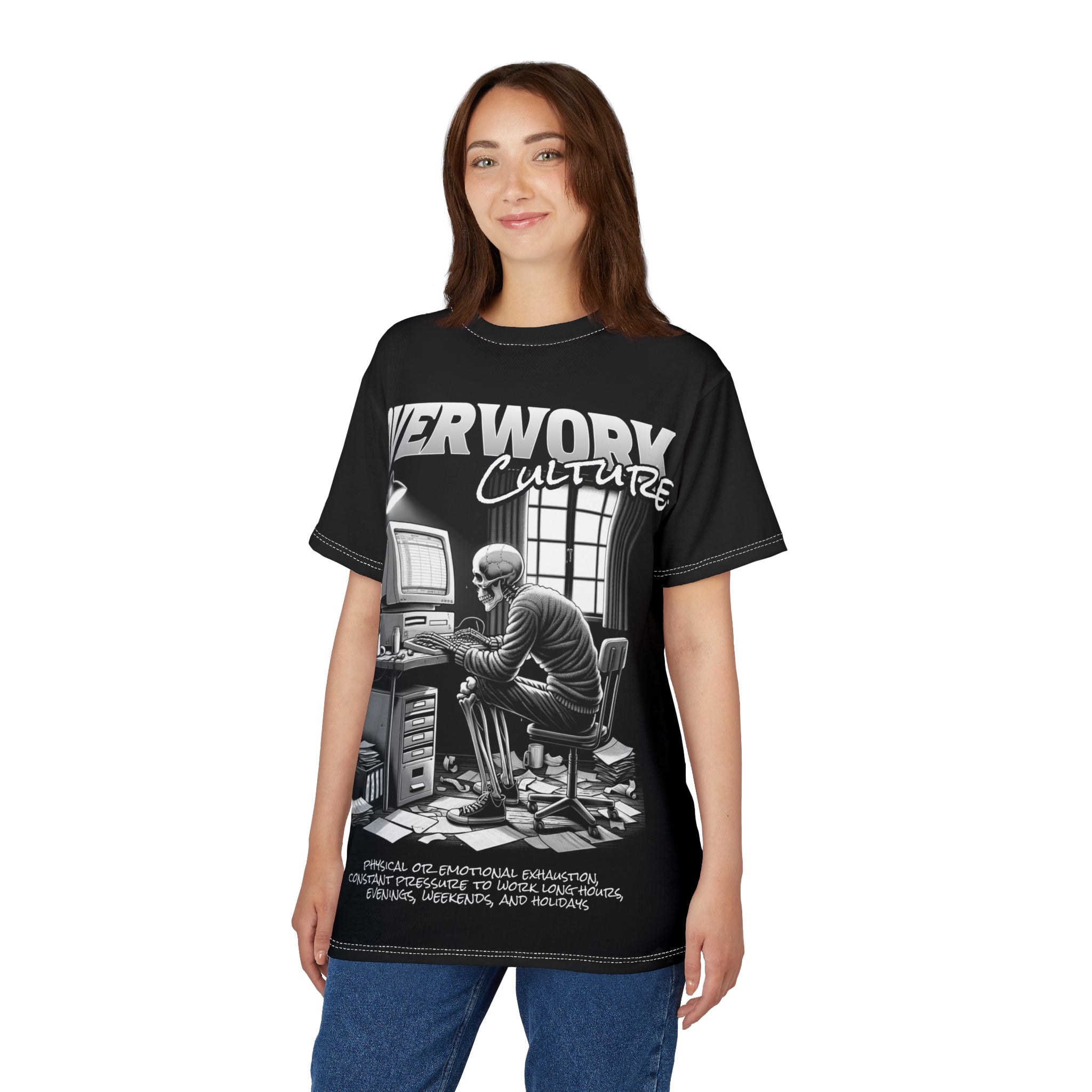 Mindset-Overwork Culture Tee — Skeleton at Desk All-Over Print