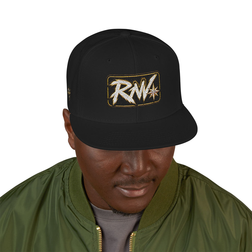 Hat-Embroidered Snapback Hat – Gold Glitter 'RW' Logo Flat Brim Cap