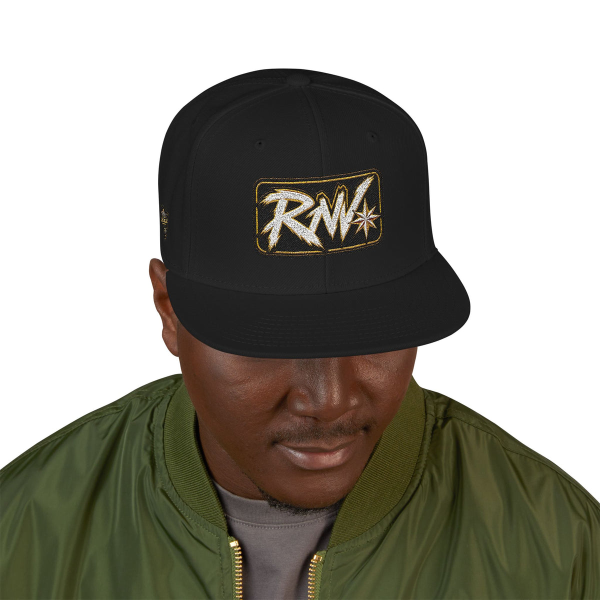 Hat-Embroidered Snapback Hat – Gold Glitter 'RW' Logo Flat Brim Cap